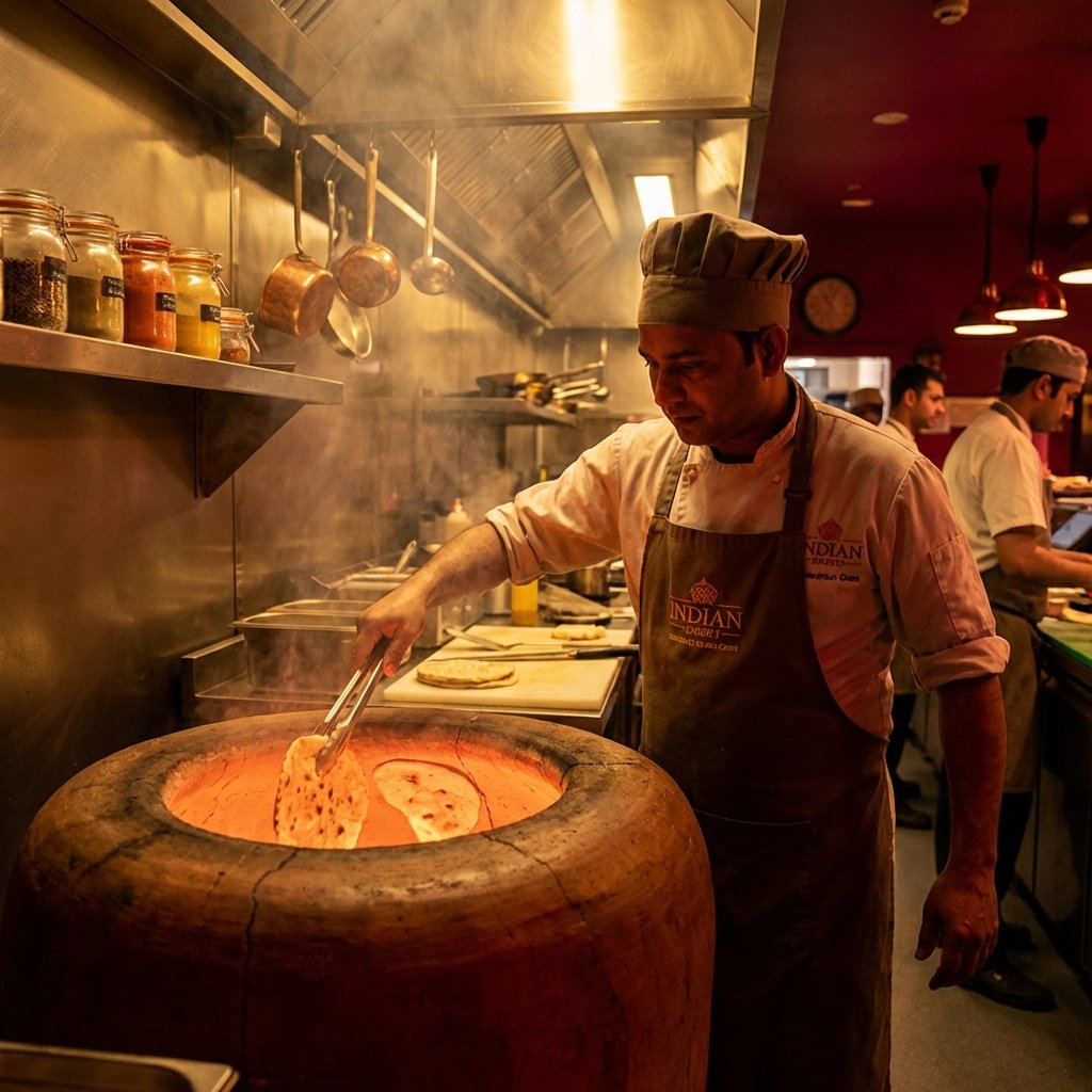 Chef preparando naan en horno tandoor tradicional en Zaira Masala